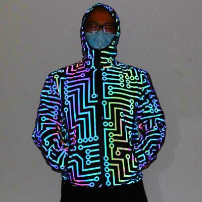 China Reflective muticolor designer geometry pattern full zipper coat breathable printing sweater jacket wholesale reflect rainbow anorak for sale