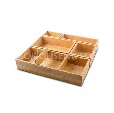 China Rectangle Storage Box Sustainable Bamboo Condiment&Accesseries Organizer Adjustable Cutlery Sectioned Trays for sale