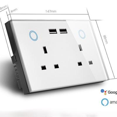 China WiFi Smart Applicable UK Standard Socket Dual Control Panel 2 Tempered Glass Power Point White Socket 147*86mm Wifi Touch Socket With USB Charging Port for sale