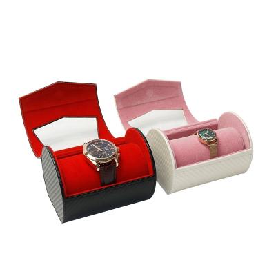 China Watch Storage Display Couple Cylindrical Leather Watch Band Box Roll Box With Elegant Window Display Box for sale