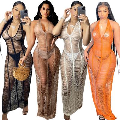 China Hot sale TRANSLUCENT hollow hole perspective crochet lace ladies beach shirt halter one-piece dress for sale