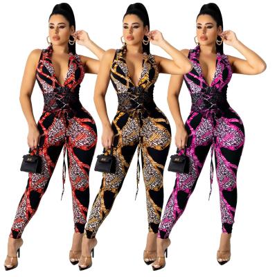 China ZHANBO wholesale plus size fashion knitting women and rompers print tie waist jumpsuit for sale