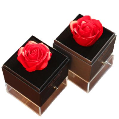 China Luxury rose flower recycled materials valentine's day gift black paper box packaging with drawer window for jewelry for sale