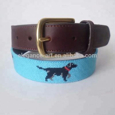 China Cowhide Hand Stitched Lab Needlepoint Black Dog Blue Belt for sale