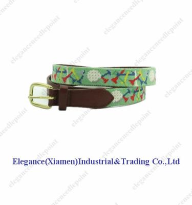 China Cowhide Hand Stitched Green Needlepoint Belt With Genuine Cowhide Leather for sale