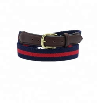 China High quality woven cowhide stretch canvas belt with genuine cowhide leather tag for sale