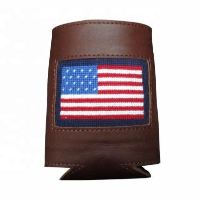 China USA Flag Needlepoint Genuine Leather Cooler Box Beer Bottle Holder for sale