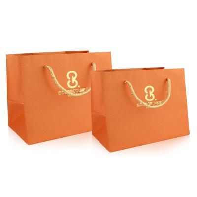 China Recyclable Recycle Custom Euro Tote Logo Design Large Size Made Luxury Printing Orange Clothing Shopping Paper Bag Logo Ribbon Handle for sale