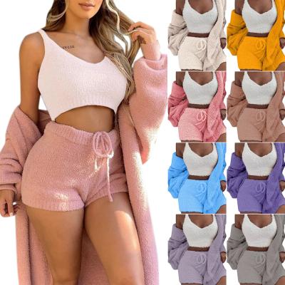 China Wholesale QUICK DRY Casual Cardigan Plush Ladies Tracksuit Pajamas Long Sleeve Short Pant Women Party Sweater Set With Hood for sale