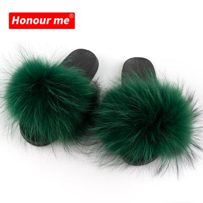 China 2021 Trend Fashion Fur Fur Shoes Women Furry Ladies Sandals Real Fox Slippers Home Slippers Trendy Slippers for sale