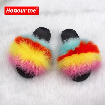 China 2021 Trend Fashion Fur Fur Slippers Women's Furry Sandals Real Fox Flat Slippers Ladies Furry Sandals Women Slippers for sale