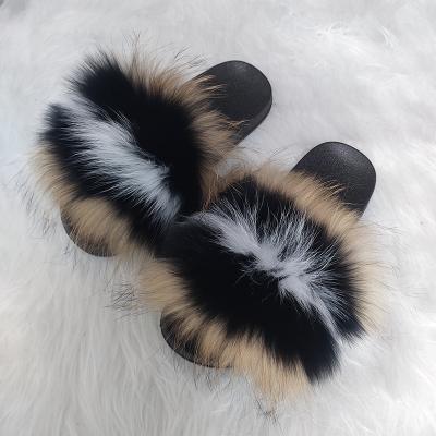 China 2021 Fashion Trend New Arrival Large Fox Raccoon Fur Slides For Women Slides Fluffy Fur Slides Cute Kids Women Shoes Slipper Summer for sale