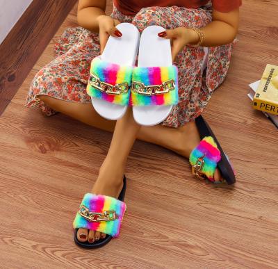 China Fashion Trend Summer New Rainbow Fur Slides Women Fashion Fur Slippers Soft Outdoor Chain Women Shoes Sandals for sale