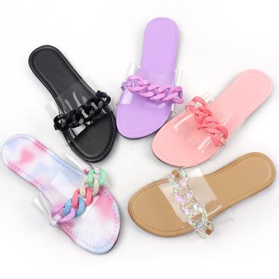 China 2021 Fashion Trend New Summer Fashion Rhinestone PVC Lady Flat Slides Luxury Diamond Women Sandals for sale