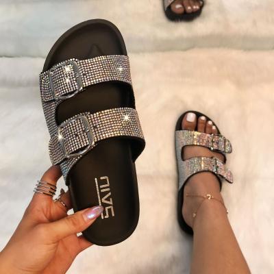 China 2021 Fashion Trend New Sandals Flat Soft Slides Bling Female Sandals Summer Women Ladies Glitter Rhinestone Rhinestone Fashion Slippers for sale