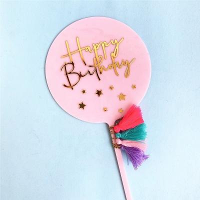 China Hot Cake Topper With Fringed Gold Writing Unicorn Transparent Circular Happy Birthday Cake Decoration 2021 Sale and Starry Polka Dot Background for sale