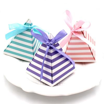 China Gift Box Diy Wedding Party Favor Box Pink Striped Pyramid Candy Bag Chocolate Gift Box Birthday Bridal Shower Bomboniere With Ribbons for sale