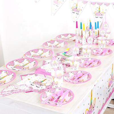 China Colorful Unicorn Party Supplies Happy Birthday Banner Set Party Decorations 2021 Beauty Pink Tableware Dishes For Unicorn Party Decorations for sale