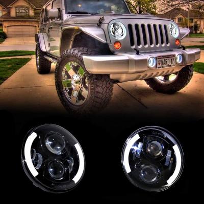 China Free shipping 50w diecast aluminum housing led headlight with white drl turn signal 7inch car angel eye halo projector headlights amber for jeep for UAZ for sale