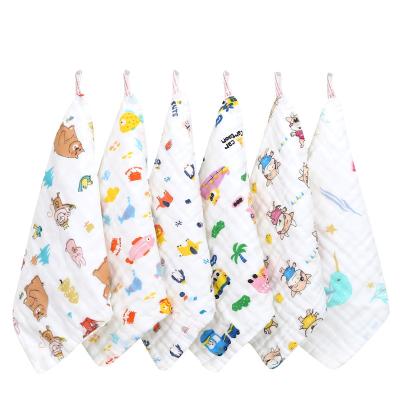 China Washable Six layer cotton square high density cotton small towel baby wash towel cartoon gauze saliva towel printed small handkerchief for sale