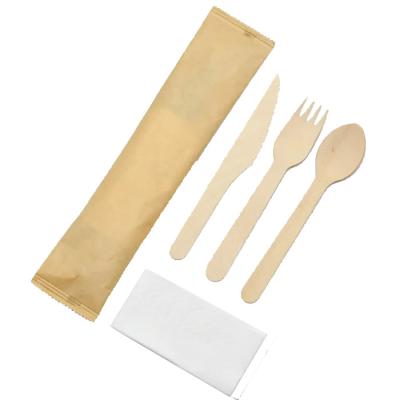 China Eco-Friendly Alternative Disposable Natural Wooden Cutlery Spoon Fork And Knife Sets Pack With Wrapped Individually Wrapped Disposable Cutlery for sale