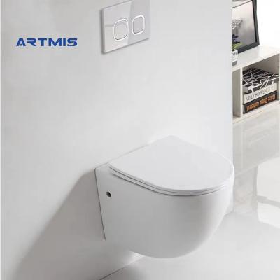 China Modern Double-Flow North America Artmis WC Sanitary Ware Square Shape Ceramic Wall Hung Rimless Toilet Hang Tankless Toilets Bowl Bathroom for sale