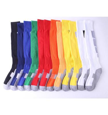 China Solid Color Antibacterial Antibacterial Polyester Non-Slip Football Socks In Stock Custom Logo Knee Long Soccer Socks for sale