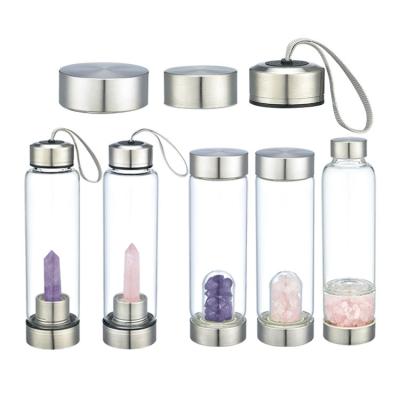 China Sustainable Natural Custom Columnar / Borosilicate Glass Gemstone Tea Granule Quartz Infused Crystal Water Bottle for sale