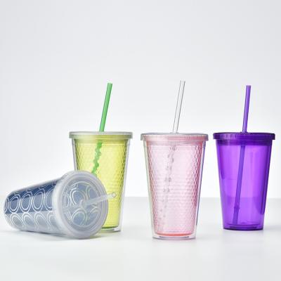 China Hot Selling Sustainable Double Walled Plastic Clear Tumbler Cup Plastic Cup With Straw for sale