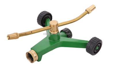 China Garden Watering 2 Arm Brass Rotary Sprinkler And Zinc Alloy Base With Wheel for sale