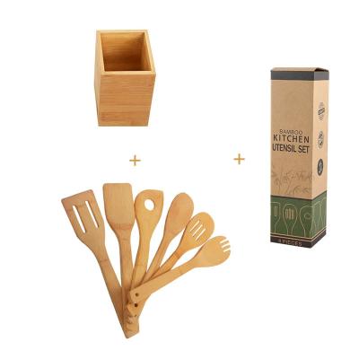 China Sustainable 6 Pieces Bamboo Wooden Spoons Spatula Flat Nonstick Bases Set Cookware Set for sale