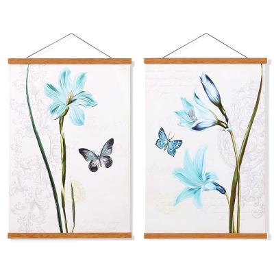 China Digital Printing Butterfly And Flowers Canvas Poster Picture Artwork With Magnetic Solid Strong Teak Wooden Frame Hanger for sale