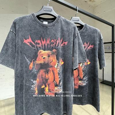 China 2022 Wholesale Anti-wrinkle factory summer men's teddy bear printed European and American fashion vintage faded short sleeve T-shirts for sale