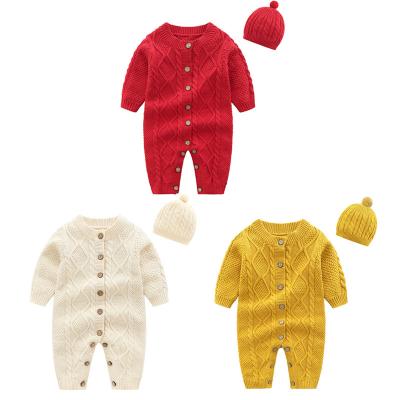 China Anti-Wrinkle Newborn Baby Boys Girls Sweater Knitted Cable Romper Jumpsuit Overalls Clothes Outfits With Warm Hat Set for sale