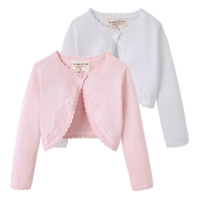 China Anti-wrinkle pure cotton knitted bolero with embroidery tank top knit cardigan shrug scallop edge long sleeve babies knitted cardigan for sale