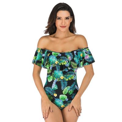 China Breathable Women's One Piece Swimsuit Vintage Off The Shoulder Ruffled Swimsuits for sale