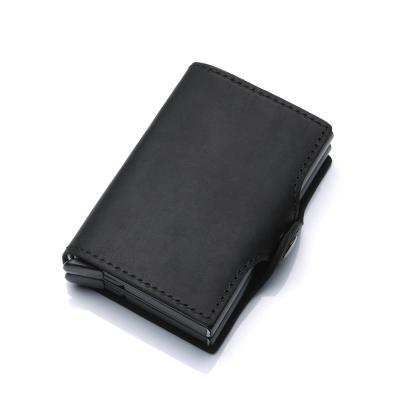 China 2020 New Arrival RFID Genuine Leather Business Credit Card Holder Aluminum Metal Double Box Card Genuine Leather Wallet for sale