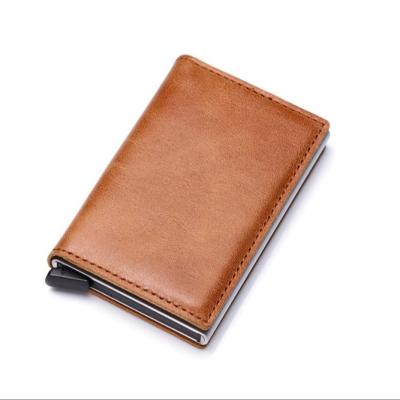 China RFID Blocking Protects Real Leather Factory Custom Logo RFID Blocking Case Minimalist Aluminum Box Pocket Wallet Genuine Leather Credit Card Holder Real for sale