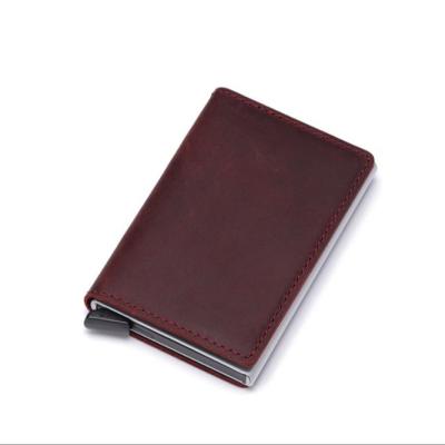 China RFID Blocking Protects 2020 Fashionable Colorful Men's Minimalist Genuine Leather RFID Blocking Aluminum Case Wallet With Automatic Pop Up Credit Card Holder for sale