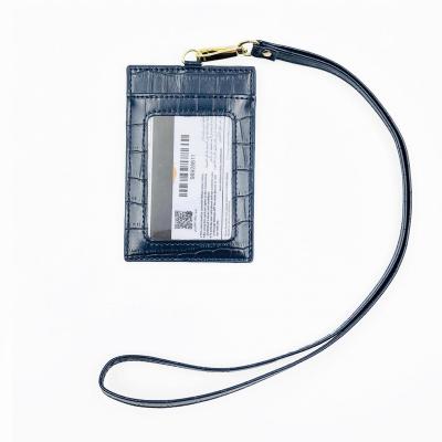 China New Quantity Premium Crocodile ID Badge Card Holder Leather Vertical Working ID Card Holder with Neck Strap Lanyard for Office School Event for sale