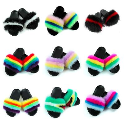 China Fashion trend fur slippers for toddlers and women smudge soft fox fur slides real fur shoe slippers women slippers for sale