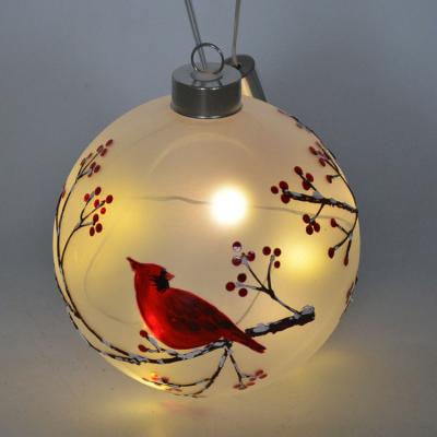 China Europe LED Light Matte Christmas White Glass Ball Painted Red Bird Decoration for sale