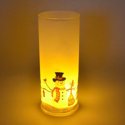 China Christmas decoration or gift glass candle holder with snowman decals and flame lamp decoration for Christmas decoration for sale