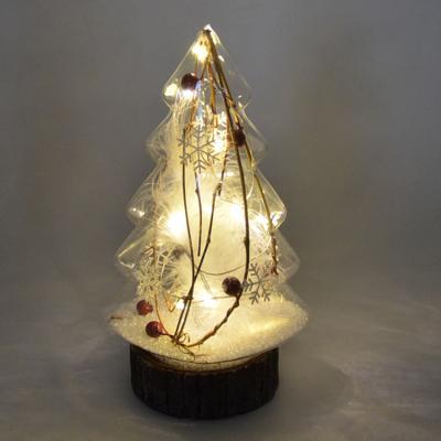 China Christmas decoration or gift led lights clear glass christmas tree with feather and red fruits decoration for sale