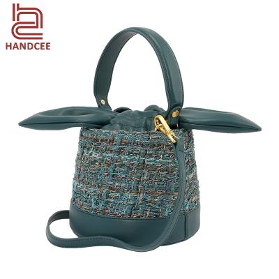 China High quality tweed fabric designer handmade women luxury cross - body cowhide leather bucket bag for sale