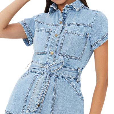 China Anti-Static Customer Logo Tie Collared Jean Dress for Women Mini Ladies Denim Dresses for sale