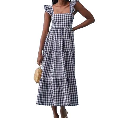 China New Style Gingham Girl Summer Anti-Static Hot Selling Casual Ruffled Dresses Women for sale