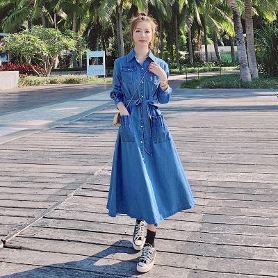 China New fashion breathable custom made casual dress turn down collar single breast long sleeve denim dress for women for sale