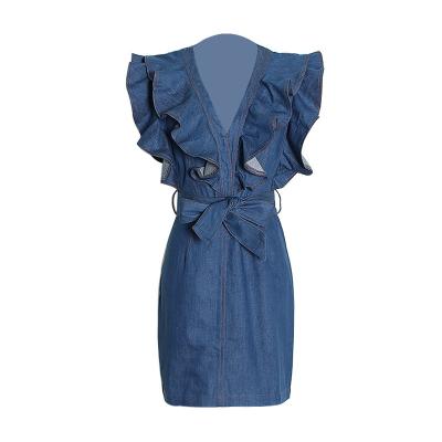 China Breathable V-Neck Sweater Dress Ruffled Mini Dress Sleeveless Sexy Denim Dress for sale