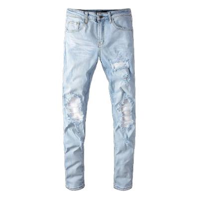 China High Quality Breathable Blue Jeans Wear Stacked Patchwork Jeans Men Ripped Jeans Pants for sale